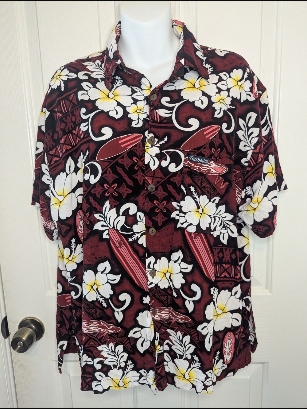 Vintage Island Stuff Barbados Hawaiian Shirt Mens L Maroon Red Surfboard Aloha